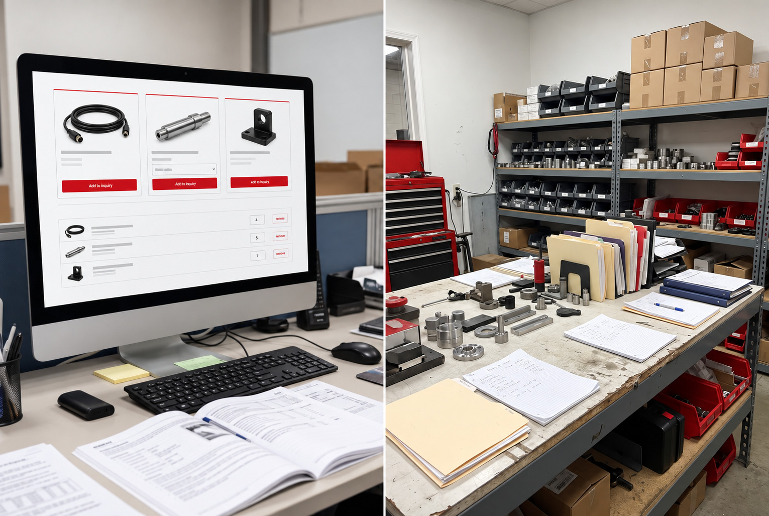 Concept illustration of a quote-first cart inquiry screen and a supplier workbench.