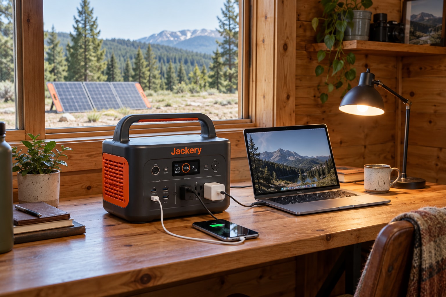 AI-generated illustration of a Jackery portable power station supporting a laptop, LED task lamp, and phone in an off-grid cabin